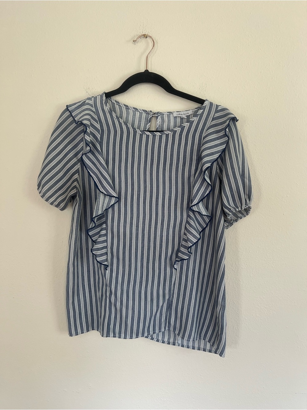 Ruffled Dark Blue/White Blouse with Vertical Stripes